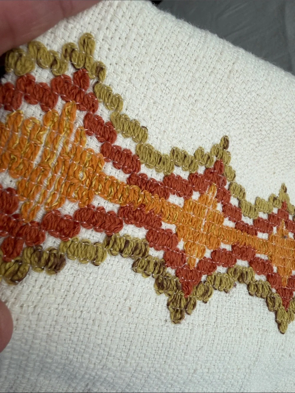 1970’s Boho MCM Cafe Curtain Valances in Cream & Embroidered Oranges and Green